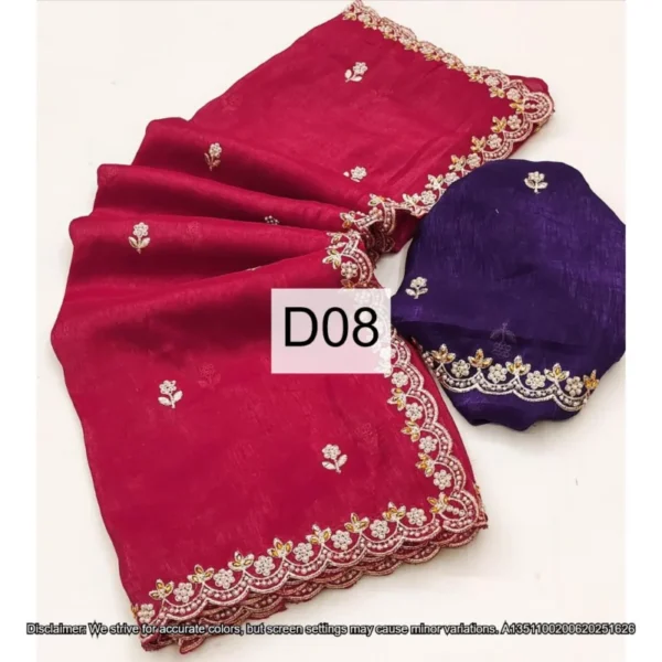 Candy crush silk saree embroidery 038 moti work scalloped border - High-Quality Fabric