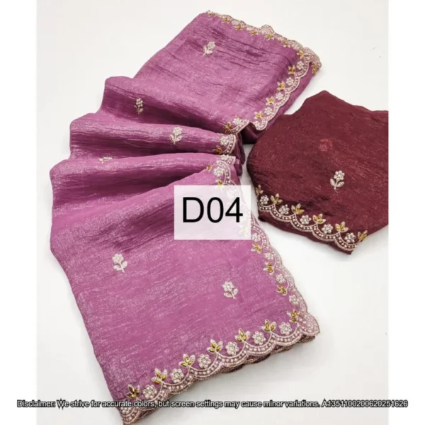 Candy crush silk saree embroidery 038 moti work scalloped border - High-Quality Fabric