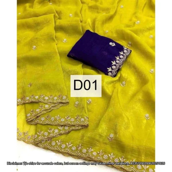 Candy crush silk saree embroidery 038 moti work scalloped border - High-Quality Fabric