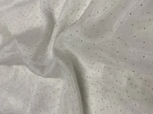 White Burberry Silk Crush Fabric with Hot Fix Diamond – Premium Party Wear for Lehenga, Gown & Dresses