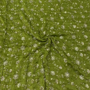Leaf green shimmer tissue silk fabric with pearls 038 sequins beads pure soft 038 classy for designer party wear - High-Quality Fabric
