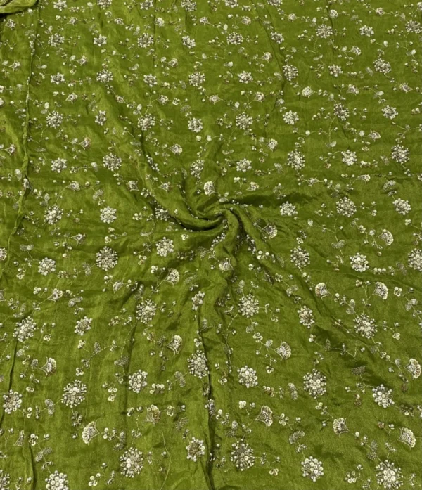 Leaf green shimmer tissue silk fabric with pearls 038 sequins beads pure soft 038 classy for designer party wear - High-Quality Fabric