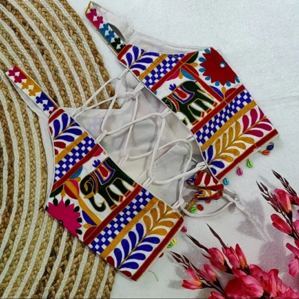 Navratri gamthi work backless blouse heavy fantom silk - High-Quality Fabric