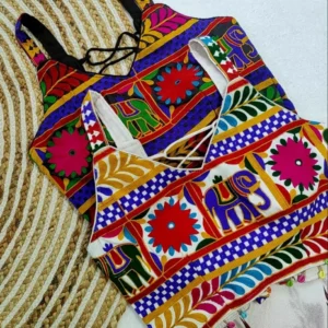 Navratri gamthi work backless blouse heavy fantom silk - High-Quality Fabric
