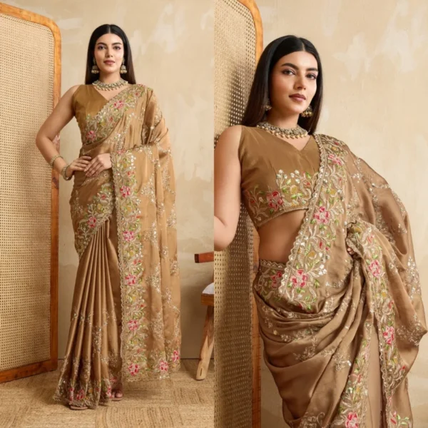 Party wear soft rangoli silk saree heavy embroidery work - High-Quality Fabric