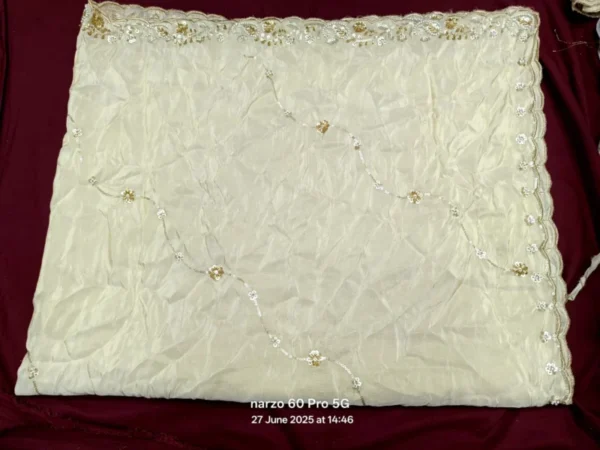 Pure dyeable shimmer tissue silk dupatta featuring a delicate scallop border on all four sides, intricately adorned with handcrafted beads, perfect for custom color dyeing.