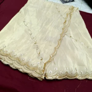 Pure dyeable shimmer tissue silk dupatta featuring a delicate scallop border on all four sides, intricately adorned with handcrafted beads, perfect for custom color dyeing.