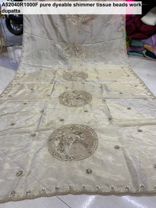 Pure shimmer tissue silk dyeable hand cutwork dupatta 25m - High-Quality Fabric