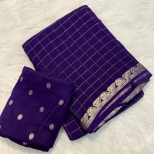 Pure viscose chinon saree with weaving checks 038 blouse 7 colors - High-Quality Fabric