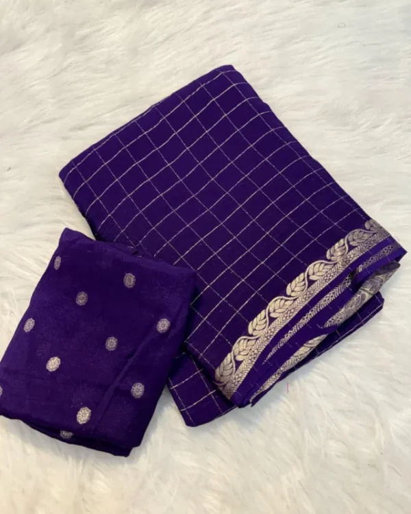 Pure viscose chinon saree with weaving checks 038 blouse 7 colors - High-Quality Fabric