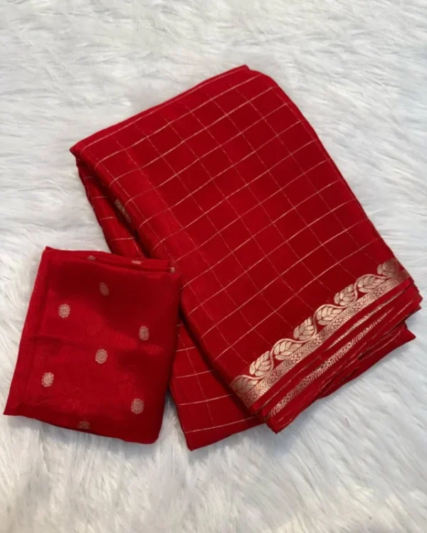 Pure viscose chinon saree with weaving checks 038 blouse 7 colors - High-Quality Fabric