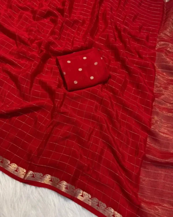 Pure viscose chinon saree with weaving checks 038 blouse 7 colors - High-Quality Fabric
