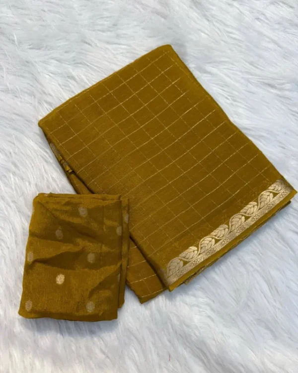 Pure viscose chinon saree with weaving checks 038 blouse 7 colors - High-Quality Fabric