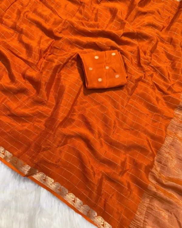 Pure viscose chinon saree with weaving checks 038 blouse 7 colors - High-Quality Fabric