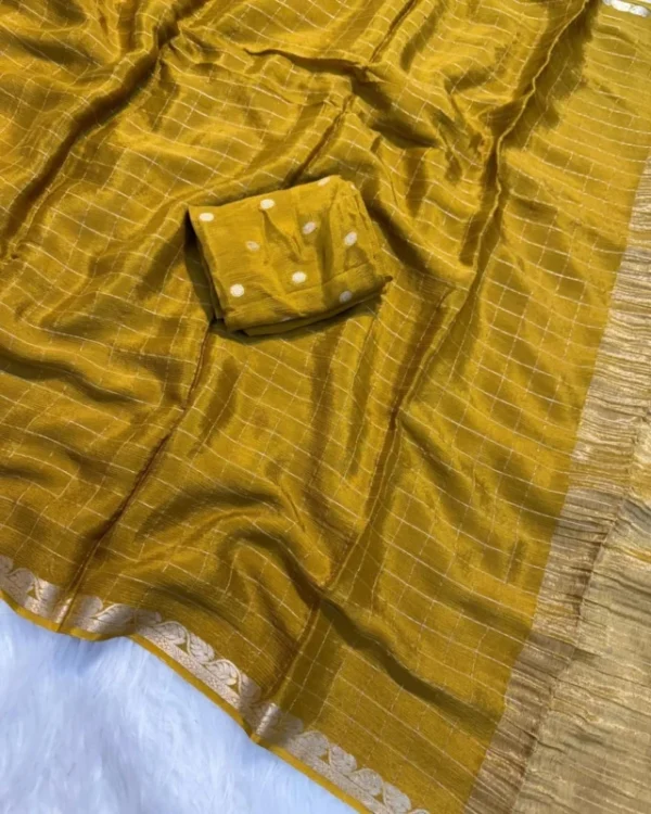Pure viscose chinon saree with weaving checks 038 blouse 7 colors - High-Quality Fabric