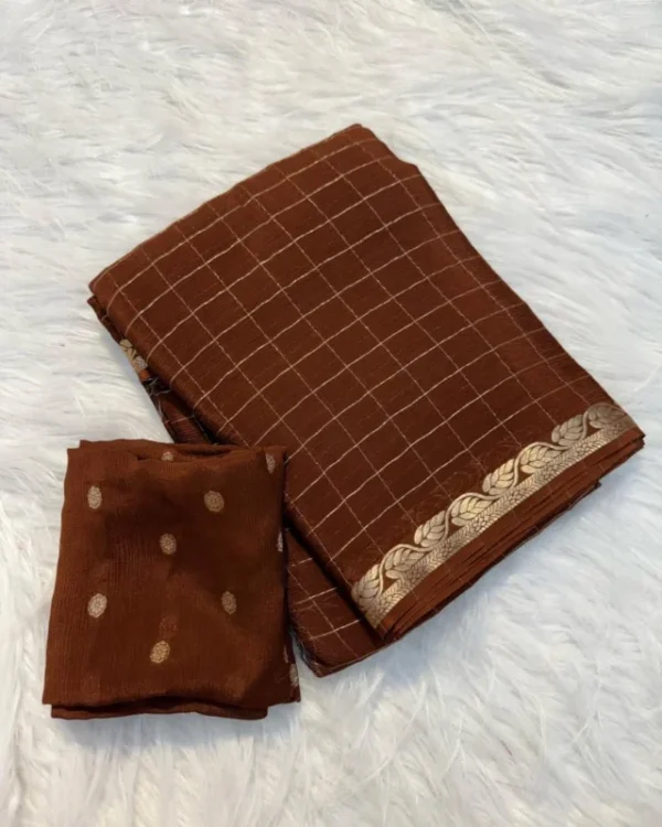 Pure viscose chinon saree with weaving checks 038 blouse 7 colors - High-Quality Fabric