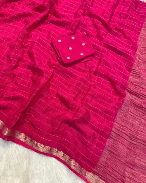 Pure viscose chinon saree with weaving checks 038 blouse 7 colors - High-Quality Fabric