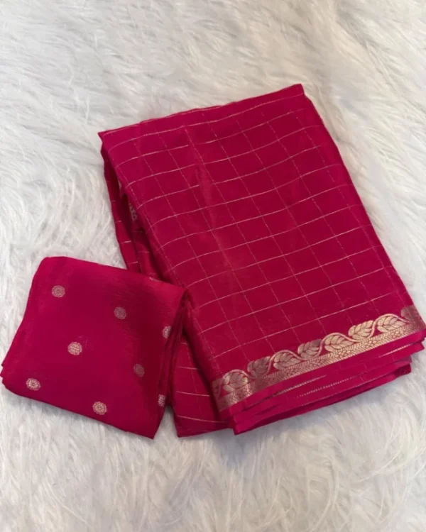 Pure viscose chinon saree with weaving checks 038 blouse 7 colors - High-Quality Fabric