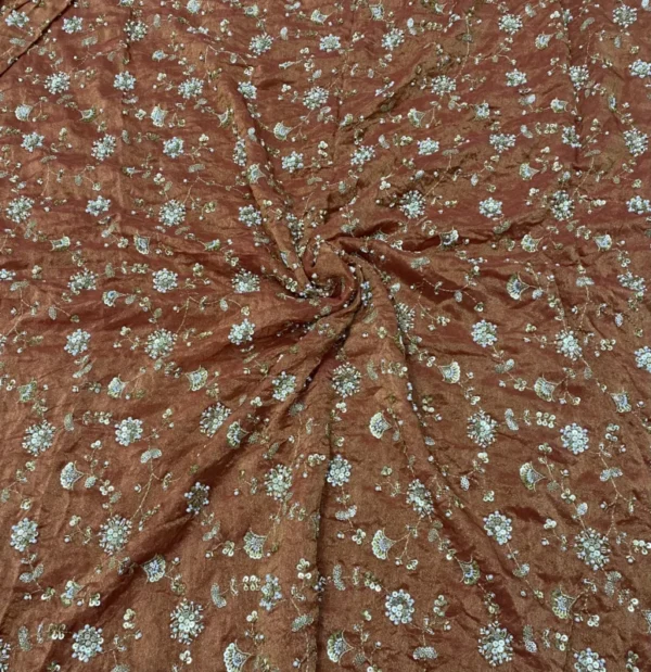 Rust shimmer tissue silk fabric with pearls 038 sequins beads pure soft 038 classy for designer party wear - High-Quality Fabric