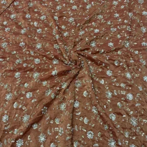Rust Shimmer Tissue Silk Fabric with Pearls & Sequins Beads – Pure, Soft & Classy for Designer Party Wear