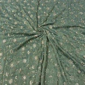 Sea green shimmer tissue silk fabric with beads work - High-Quality Fabric