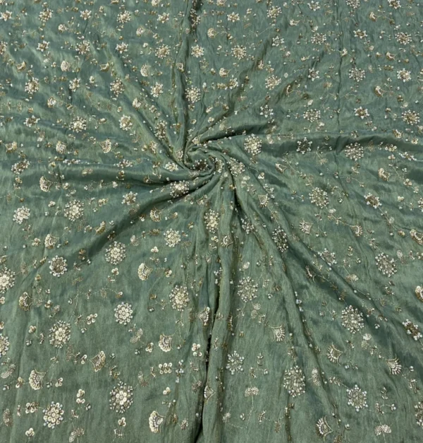 Sea green shimmer tissue silk fabric with beads work - High-Quality Fabric