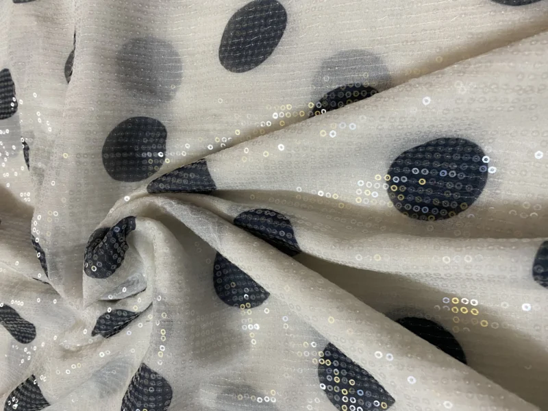 White polka dot georgette fabric with water sequins work - High-Quality Fabric