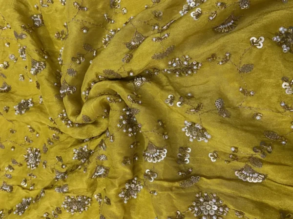 Yellow shimmer tissue silk fabric with pearls 038 sequins beads soft 038 elegant for haldi ceremony 038 party wear - High-Quality Fabric