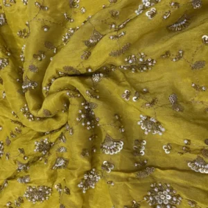 Yellow shimmer tissue silk fabric with pearls sequins beads soft elegant for haldi ceremony party wear - High-Quality Fabric