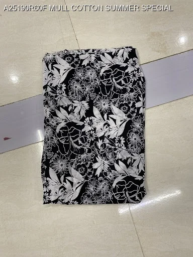 Black 038 white floral pure mul cotton fabric soft summer wear - High-Quality Fabric