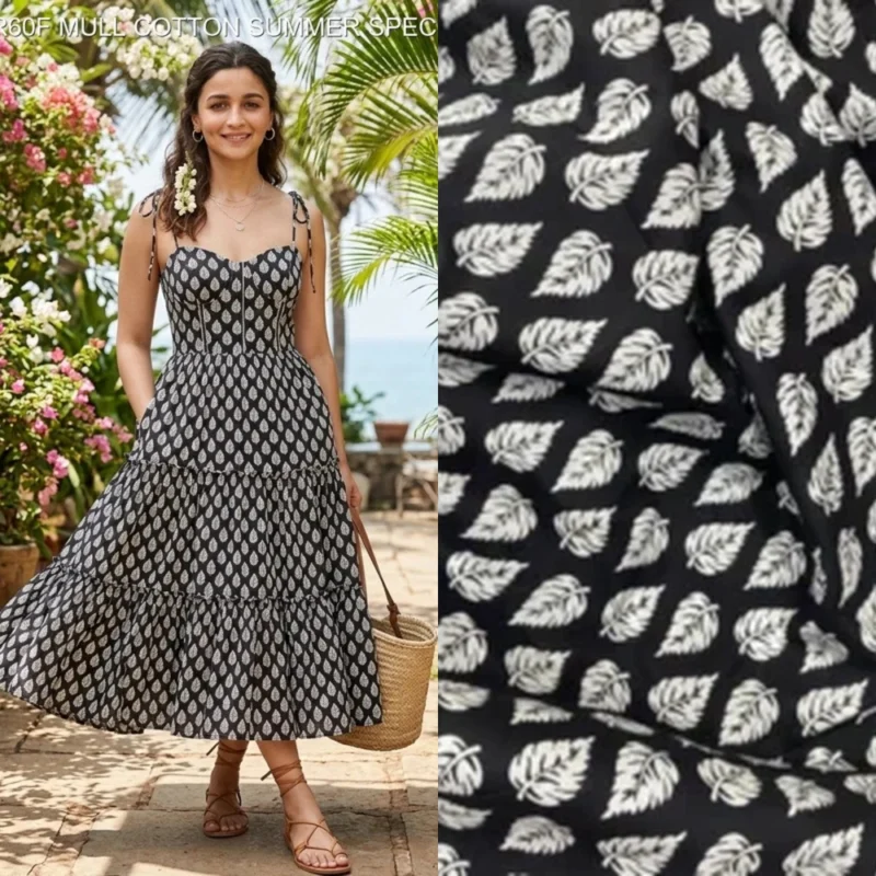 Black 038 white floral pure mul cotton fabric soft summer wear - High-Quality Fabric