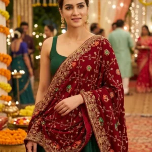 Maroon vichitra silk dupatta with vintage floral work - High-Quality Fabric