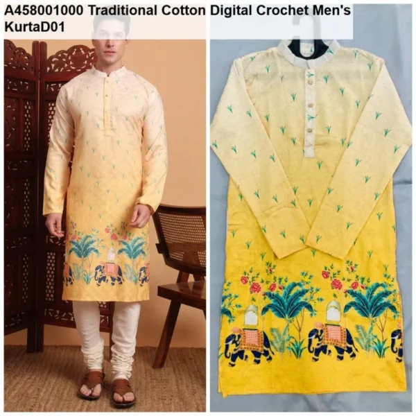 Men8217s cotton digital crochet kurta 8211 festive wear - High-Quality Fabric