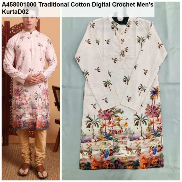 Men8217s cotton digital crochet kurta 8211 festive wear - High-Quality Fabric