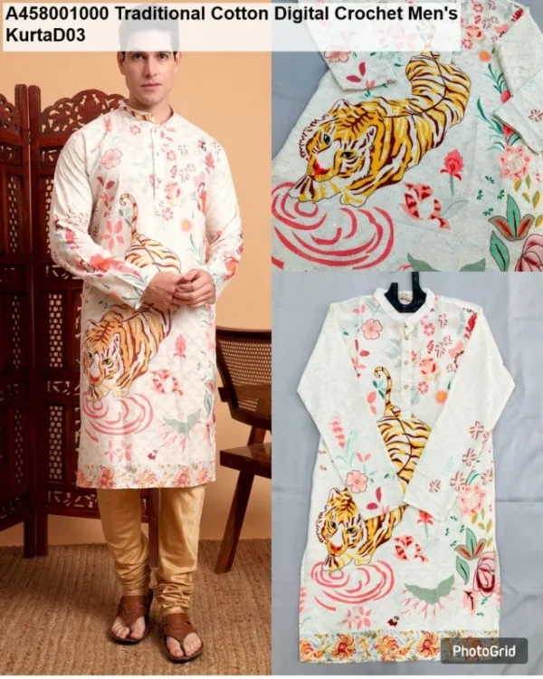 Men8217s cotton digital crochet kurta 8211 festive wear - High-Quality Fabric