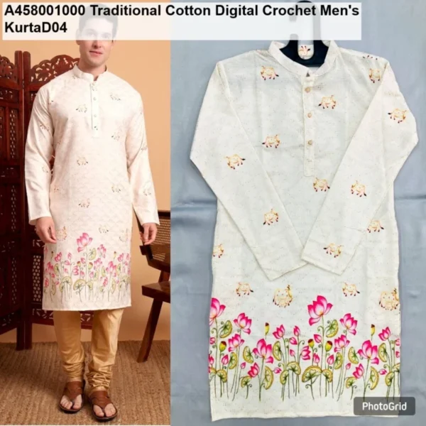 Men8217s cotton digital crochet kurta 8211 festive wear - High-Quality Fabric