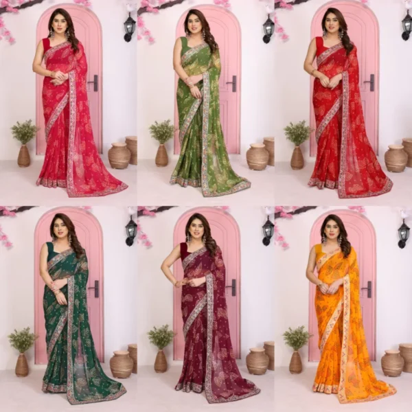 Party wear soft georgette bandhej saree with embroidery border - High-Quality Fabric