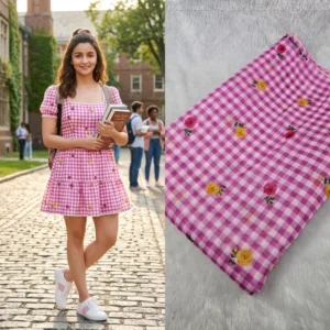 Pink gingham checks 038 floral digital print mul chanderi fabric 448243 - High-Quality Fabric