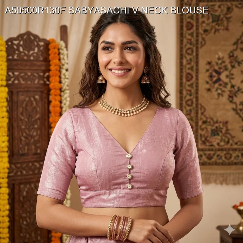 Sabyasachi style v neck crunchy button blouse mrunal thakur - High-Quality Fabric