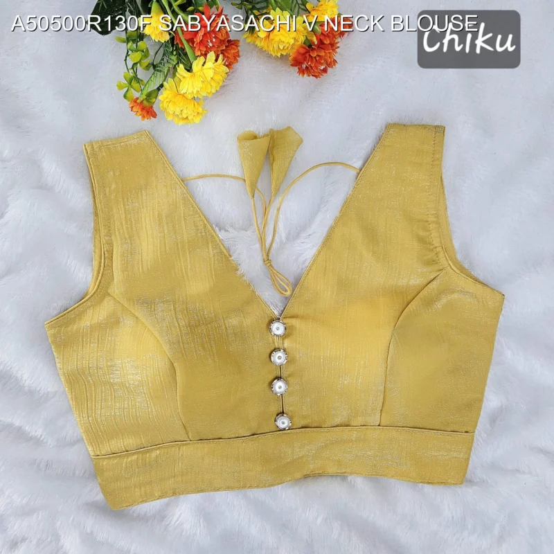 Sabyasachi style v neck crunchy button blouse mrunal thakur - High-Quality Fabric