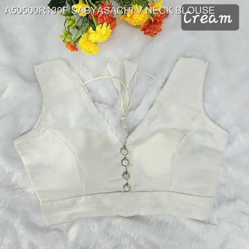 Sabyasachi style v neck crunchy button blouse mrunal thakur - High-Quality Fabric