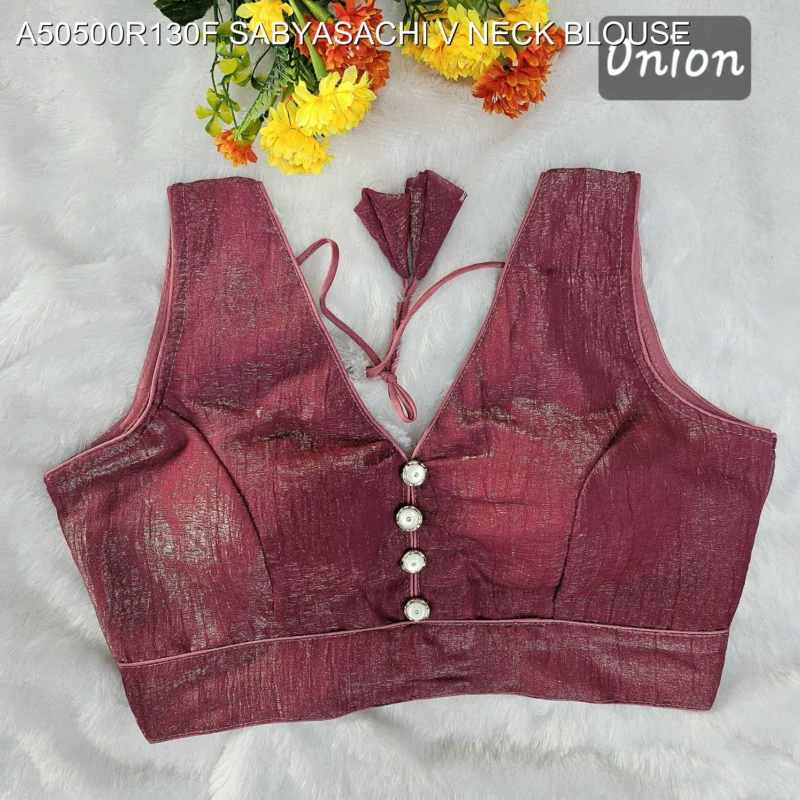 Sabyasachi style v neck crunchy button blouse mrunal thakur - High-Quality Fabric