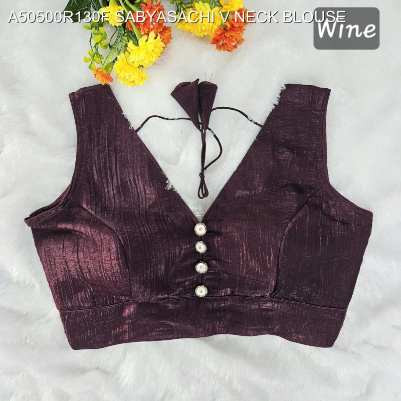 Sabyasachi style v neck crunchy button blouse mrunal thakur - High-Quality Fabric