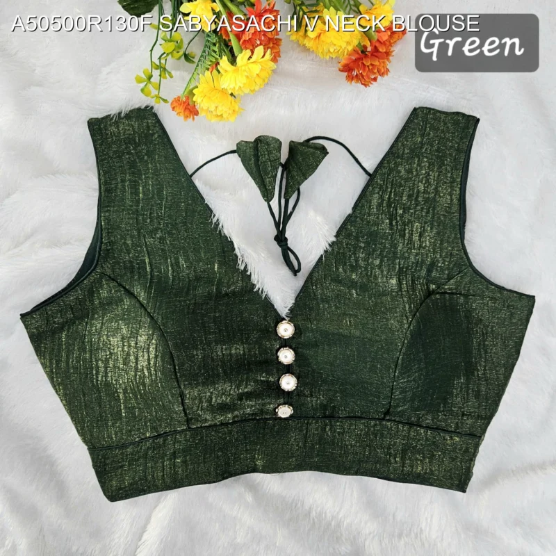 Sabyasachi style v neck crunchy button blouse mrunal thakur - High-Quality Fabric