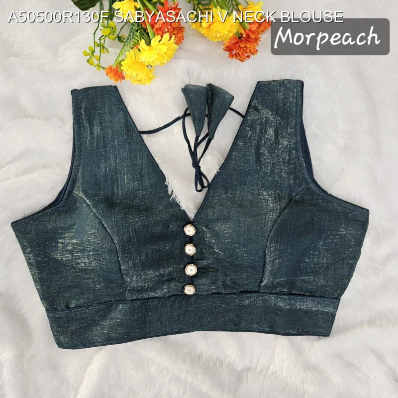 Sabyasachi style v neck crunchy button blouse mrunal thakur - High-Quality Fabric