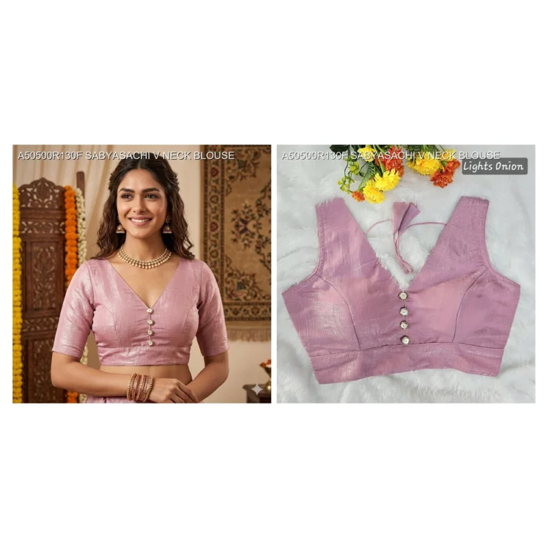 Sabyasachi style v neck crunchy button blouse mrunal thakur - High-Quality Fabric