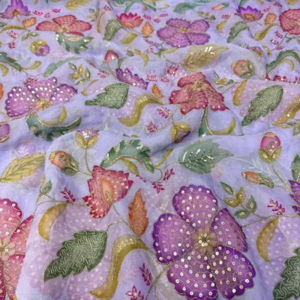 Soft organza printed fabric with elegant sequence embroidery - High-Quality Fabric