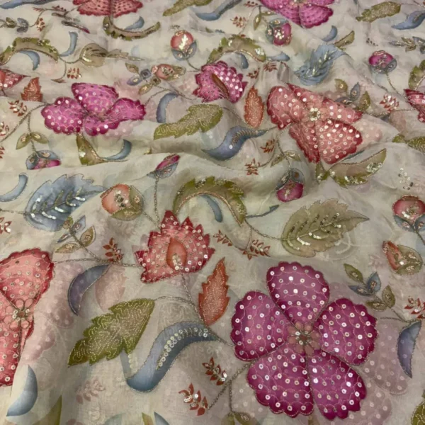 Soft organza printed fabric with elegant sequence embroidery - High-Quality Fabric