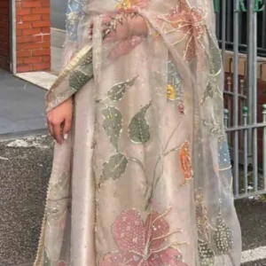 Soft organza printed fabric with elegant sequence embroidery - High-Quality Fabric