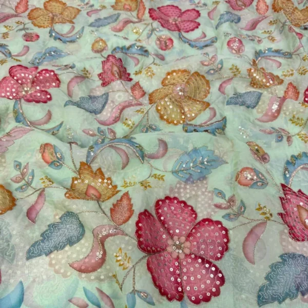 Soft organza printed fabric with elegant sequence embroidery - High-Quality Fabric